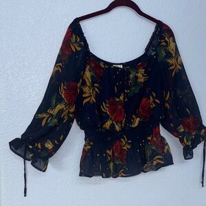 Fig and Flower Navy Blue Sheer 3/4 Sleeve Floral Blouse Size XL